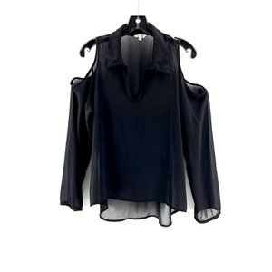 Buffalo David Bitton Women's Sheer Black Cold Shoulder Blouse Top Shirt Size L